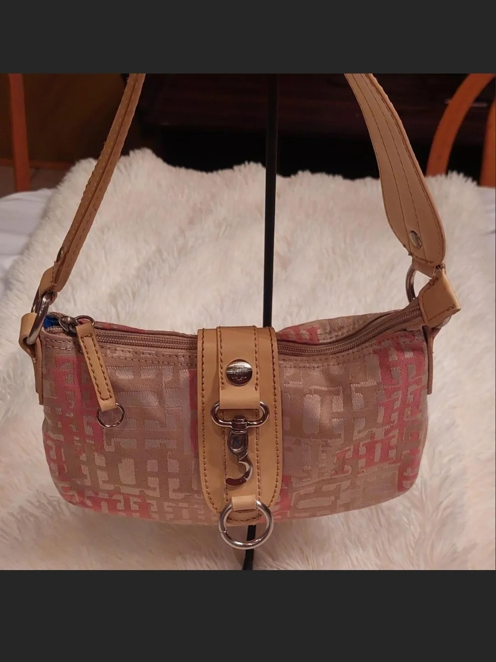 Tommy Hilfiger Beige and Pink Monogram Hobo Bag